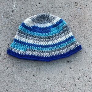Kids Blue, White, and Grey 90's-Inspired Crocheted Bucket Hat